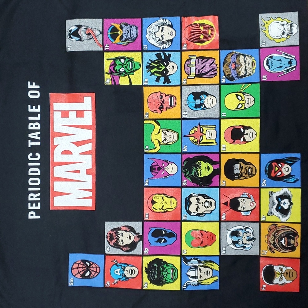 Marvel Comics Graphic Tee T-Shirt Periodic Table Characters Old School